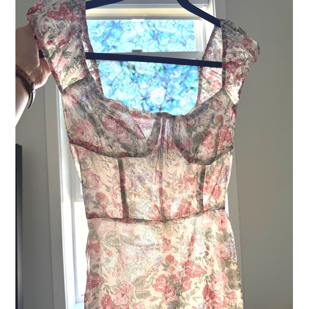 Sabo Floral Corset Midi Dress XS Pink Rose Ruched‎ Back Sweetheart Neck - Picture 7 of 8